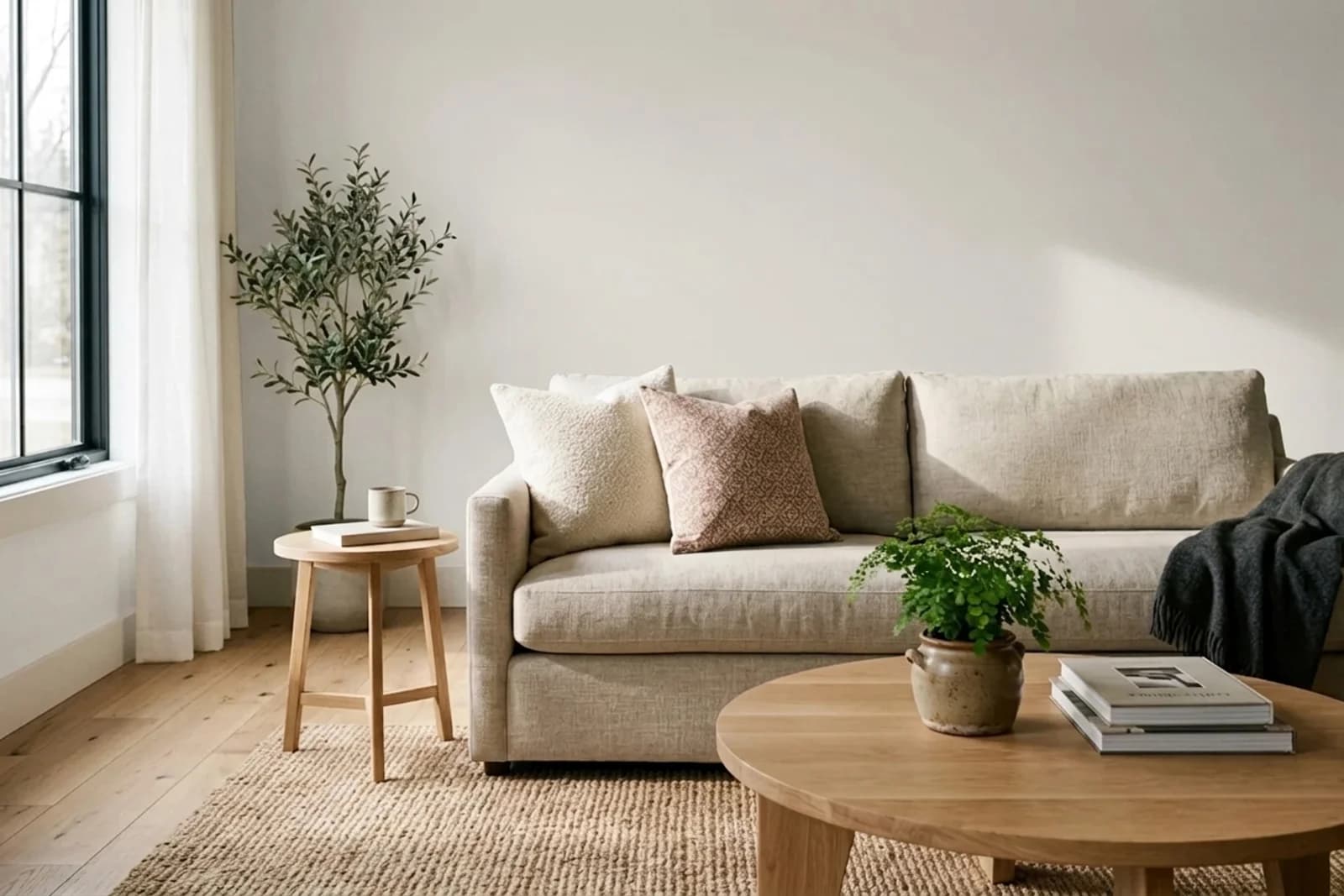 Sherwin-Williams Eider White SW 7014 on the walls of a living room — AI-assisted visualization