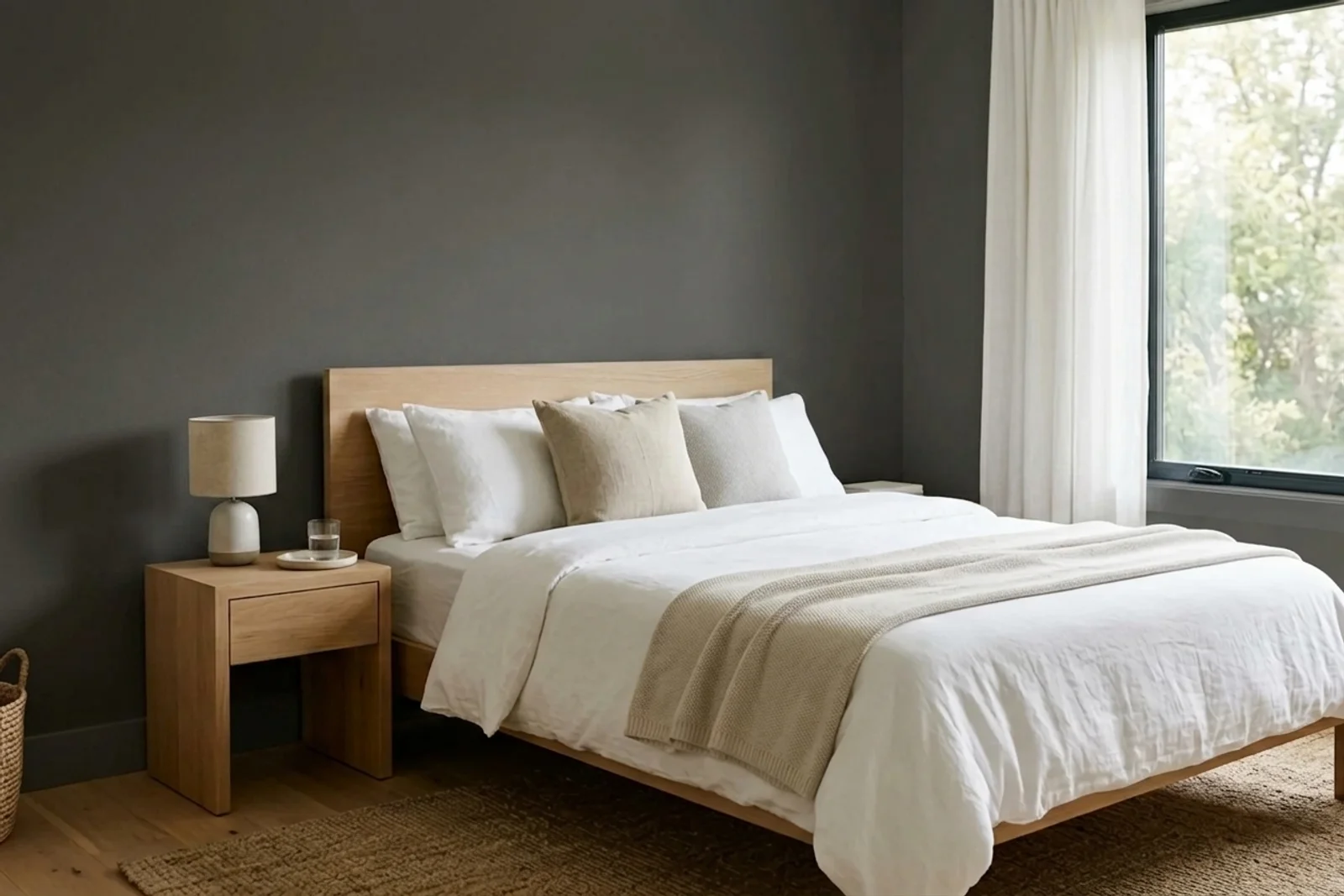 Sherwin-Williams Iron Ore SW 7069 on the walls of a bedroom — AI-assisted visualization