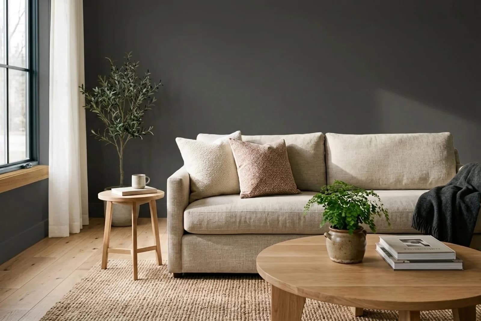 Sherwin-Williams Iron Ore SW 7069 on the walls of a living room — AI-assisted visualization