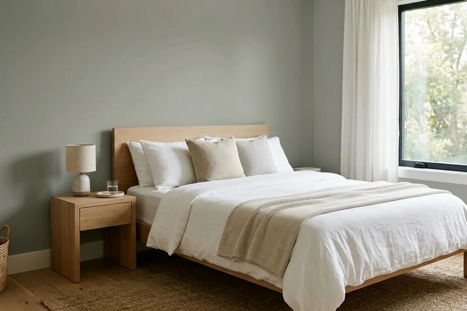 Sherwin-Williams Evergreen Fog SW 9130 on the walls of a bedroom — AI-assisted visualization