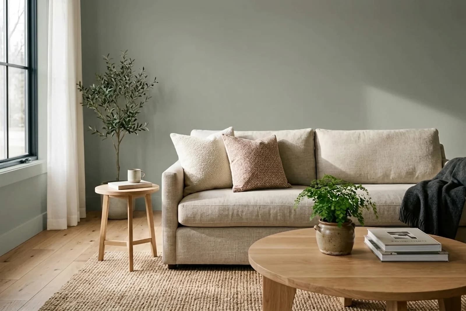 Sherwin-Williams Evergreen Fog SW 9130 on the walls of a living room — AI-assisted visualization