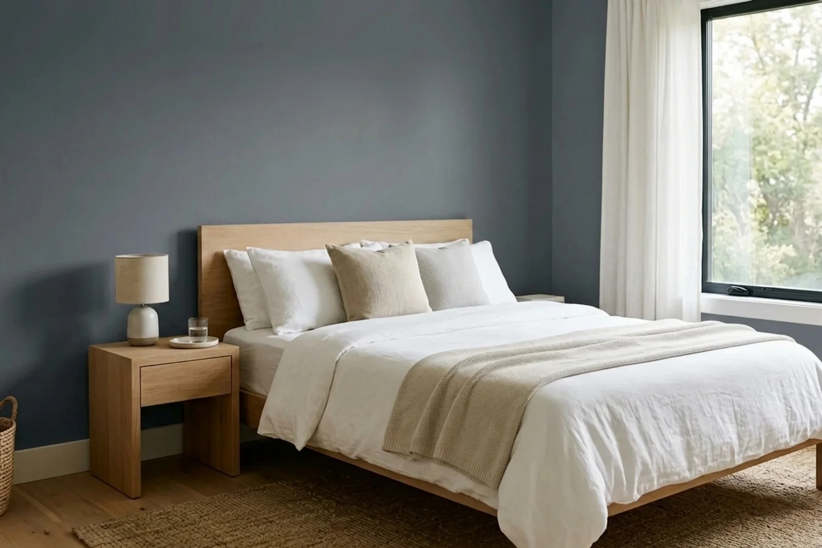 Sherwin-Williams Gibraltar SW 6257 on the walls of a bedroom — AI-assisted visualization