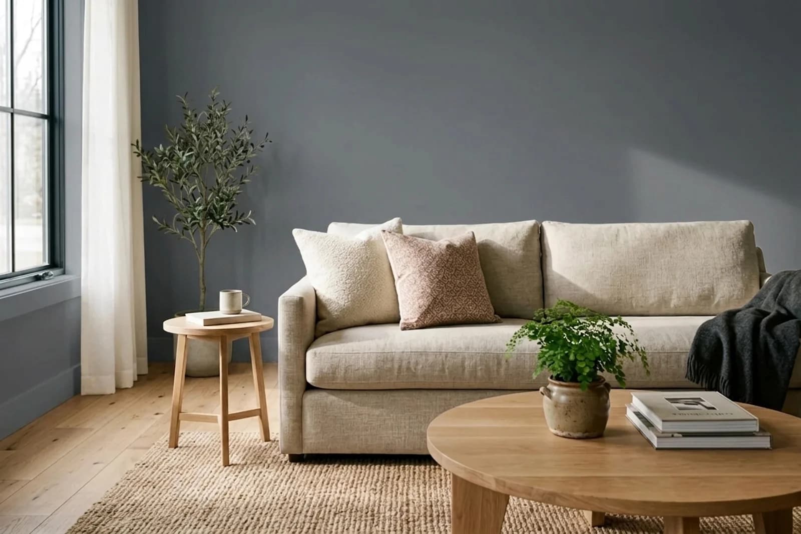 Sherwin-Williams Gibraltar SW 6257 on the walls of a living room — AI-assisted visualization