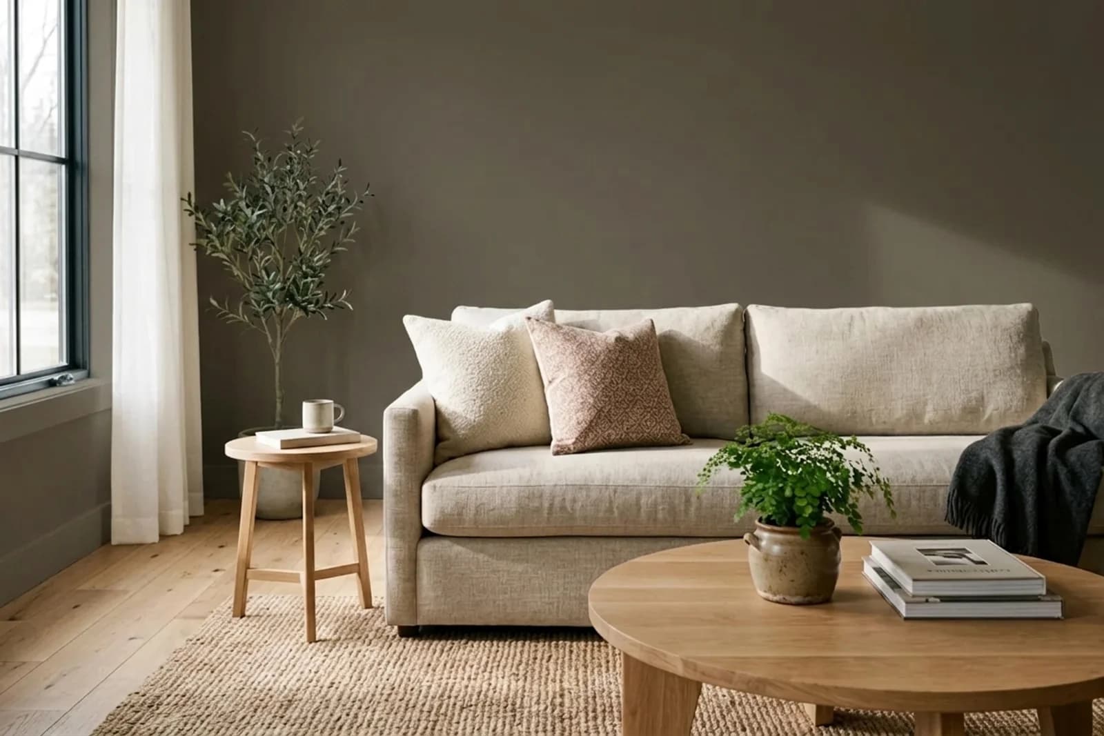 Sherwin-Williams Enduring Bronze SW 7055 on the walls of a living room — AI-assisted visualization