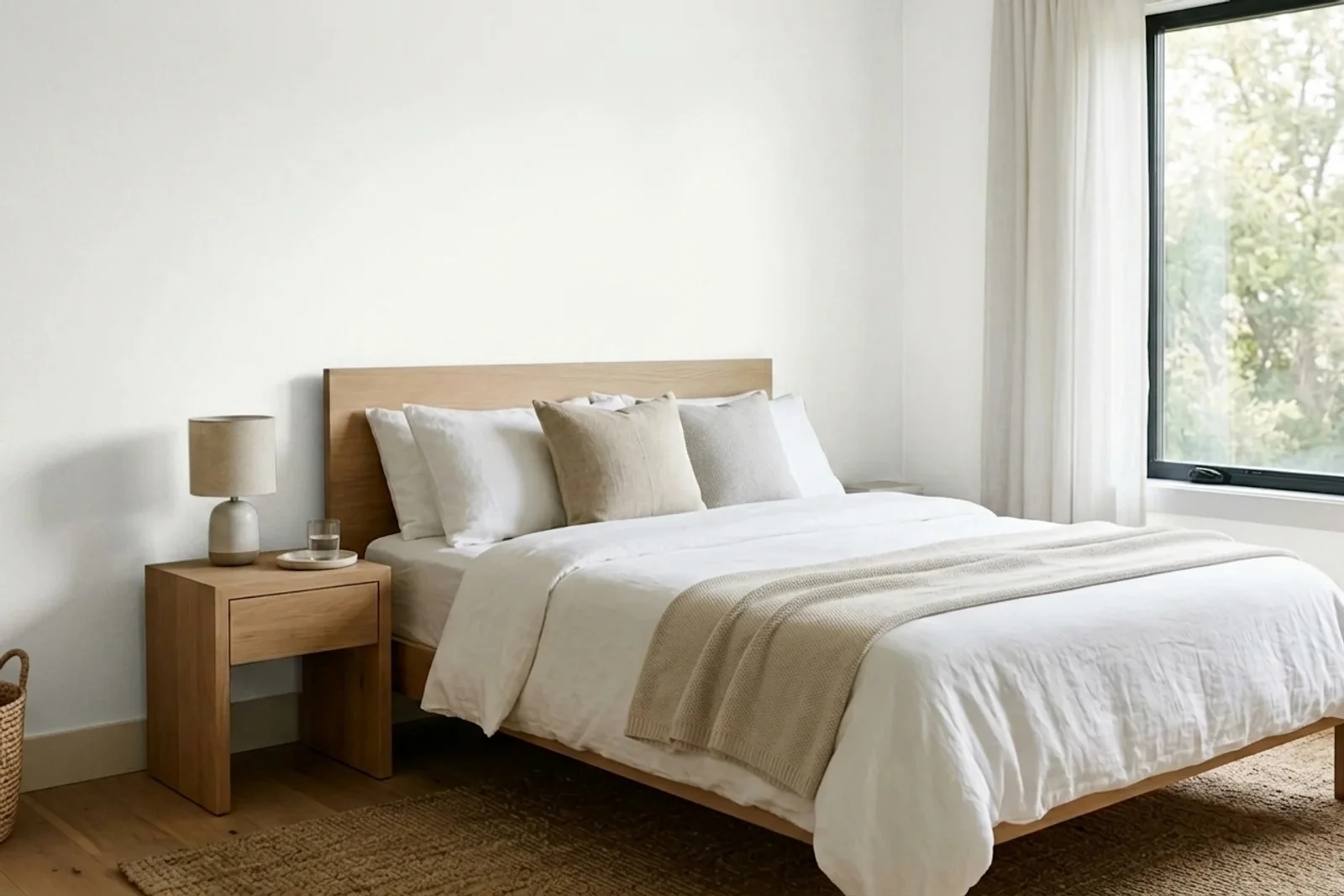 Sherwin-Williams UltraWhite SW 9500 on the walls of a bedroom — AI-assisted visualization