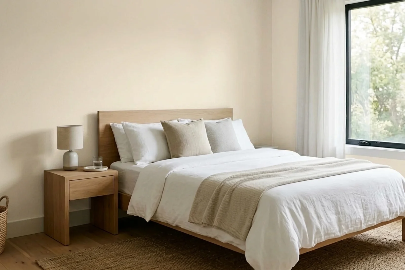 Sherwin-Williams Cream and Sugar SW 9507 on the walls of a bedroom — AI-assisted visualization