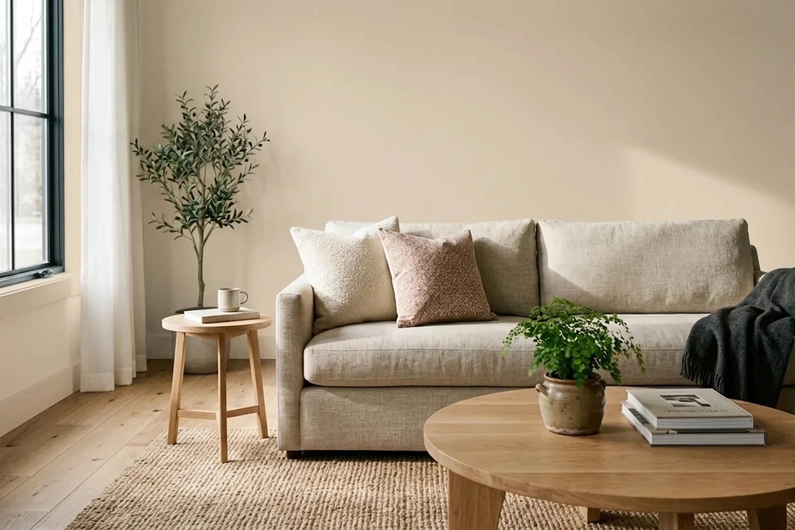 Sherwin-Williams Cream and Sugar SW 9507 on the walls of a living room — AI-assisted visualization