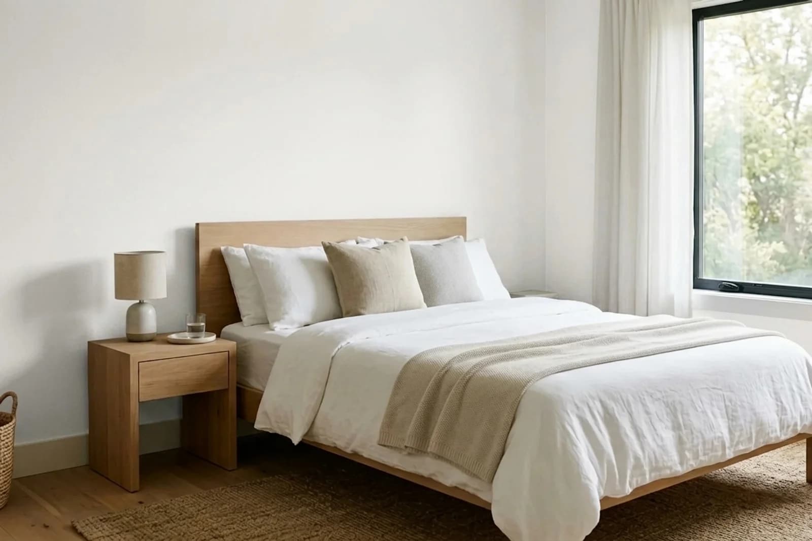 Sherwin-Williams Natural White SW 9542 on the walls of a bedroom — AI-assisted visualization