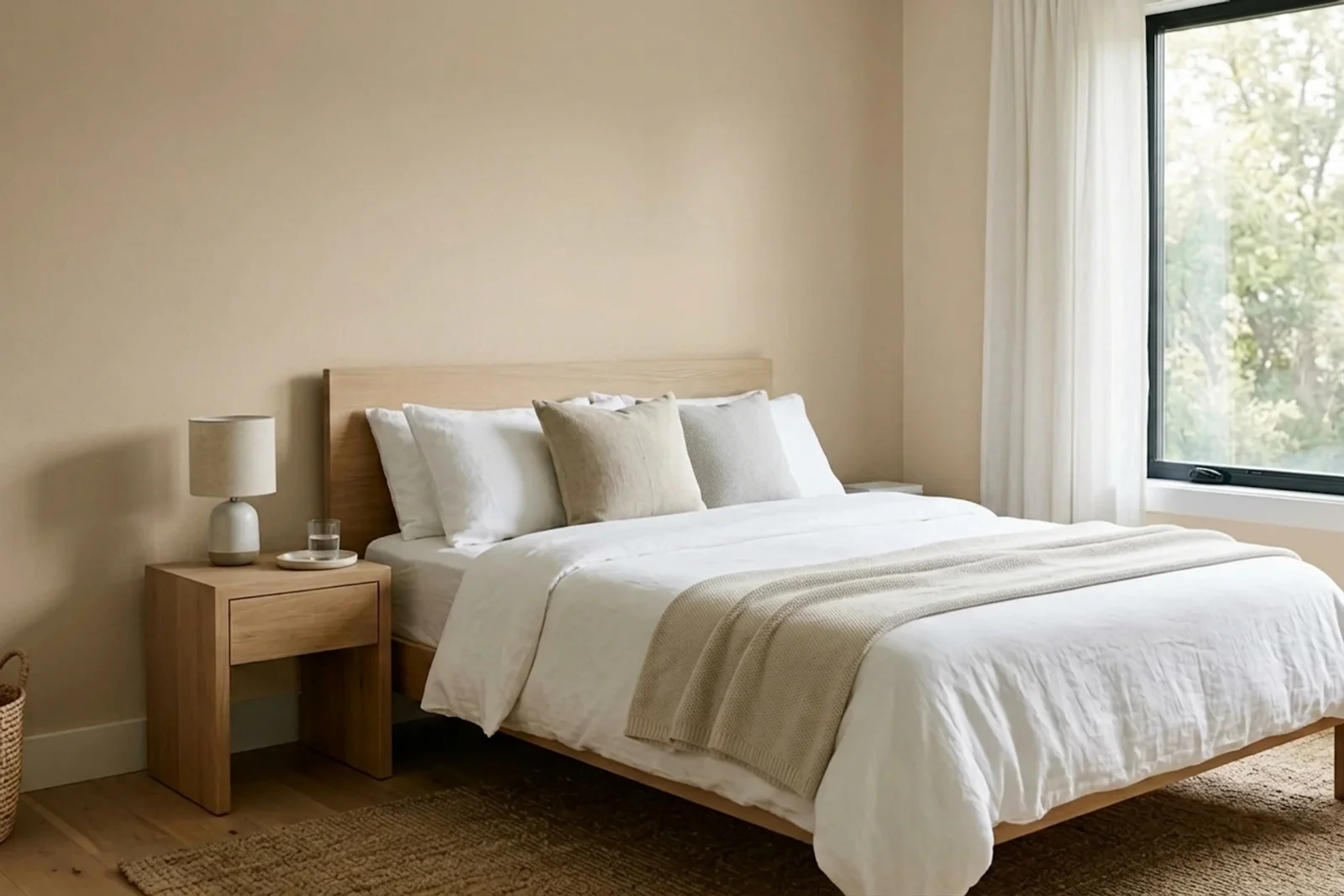 Sherwin-Williams Beachcomber SW 9617 on the walls of a bedroom — AI-assisted visualization