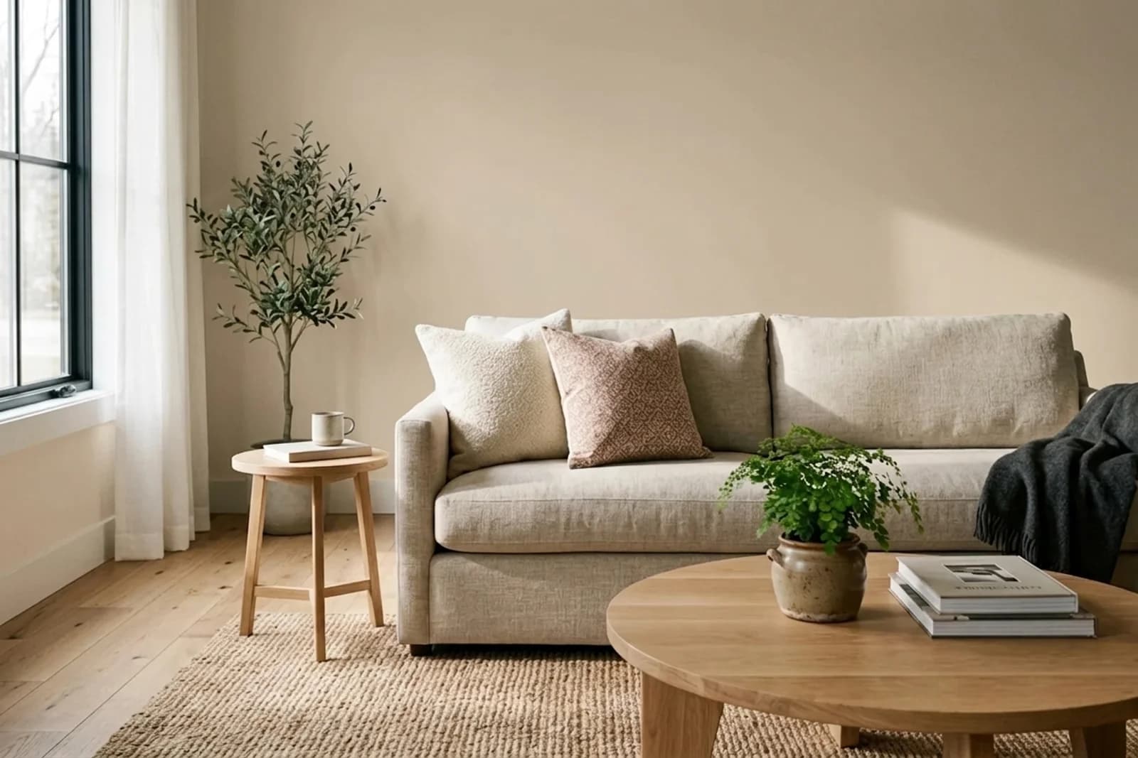 Sherwin-Williams Beachcomber SW 9617 on the walls of a living room — AI-assisted visualization