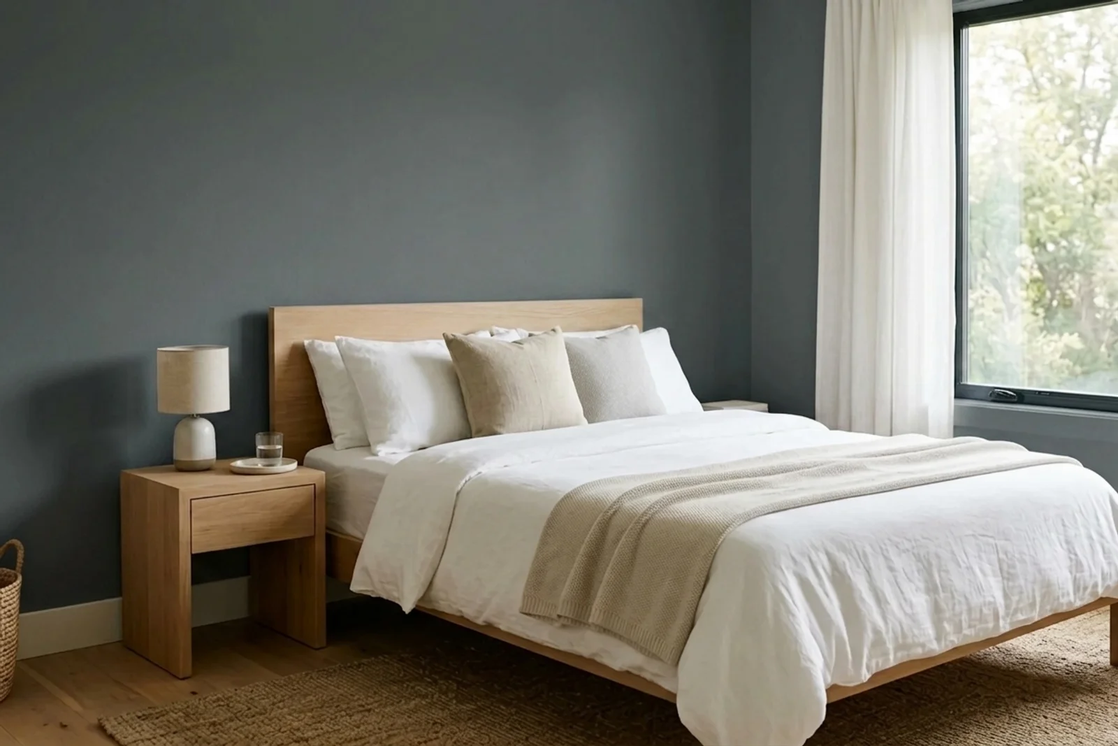 Sherwin-Williams Big Dipper SW 9645 on the walls of a bedroom — AI-assisted visualization